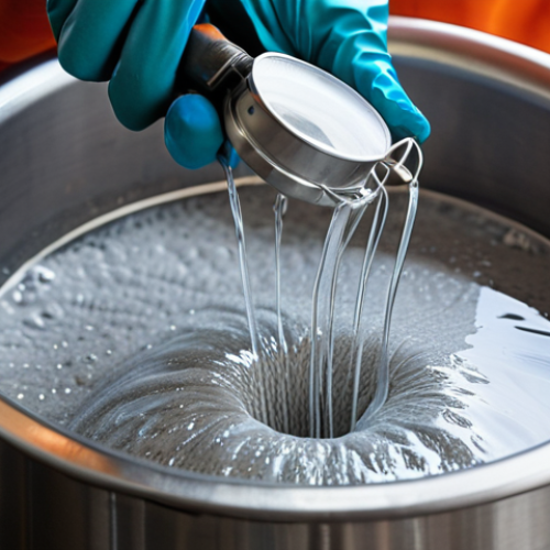 Home 15 **Close-up of hands wearing protective gloves, carefully mixing lye into water in a stainless steel pot. Focus on safety gear (goggles, gloves) and the careful pouring action. Add a subtle fume effect to visualize the reaction.**