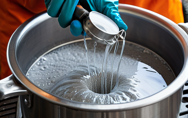 **Close-up of hands wearing protective gloves, carefully mixing lye into water in a stainless steel pot. Focus on safety gear (goggles, gloves) and the careful pouring action. Add a subtle fume effect to visualize the reaction.**