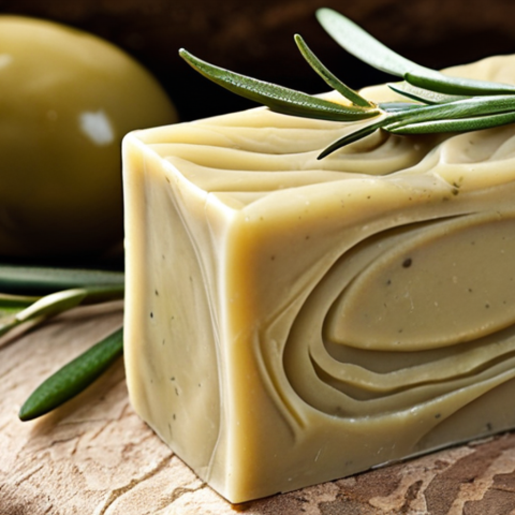 Close-up of a bar of handcrafted olive oil soap with delicate swirls, next to fresh green olives and a sprig of rosemary. Focus on the natural textures and earthy tones.