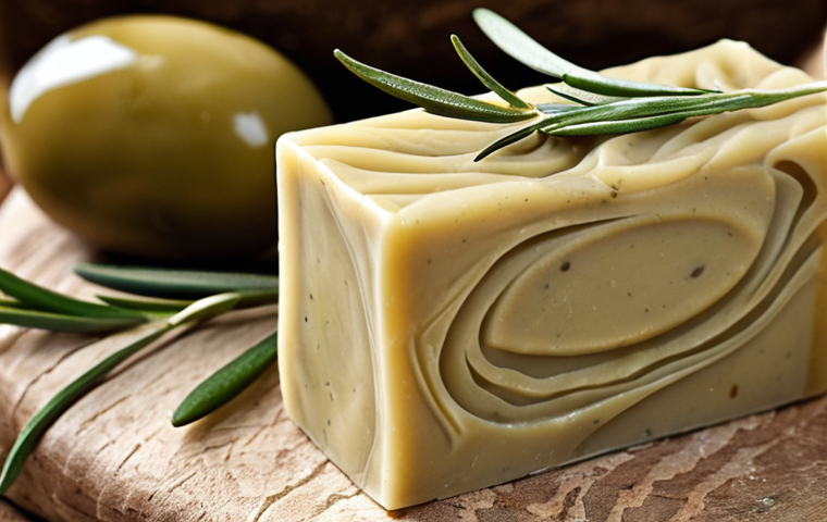 Close-up of a bar of handcrafted olive oil soap with delicate swirls, next to fresh green olives and a sprig of rosemary. Focus on the natural textures and earthy tones.
