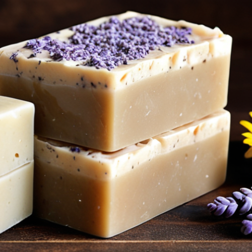 Home 7 **A close-up shot of handcrafted natural soap bars with ingredients like lavender, chamomile, and shea butter visible. Focus on the texture and natural colors. Soft, diffused lighting.**